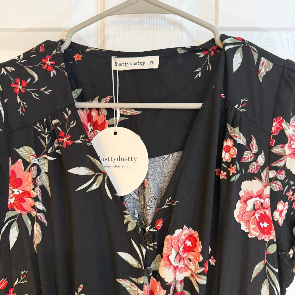 Rusttydustty Floral Boho Maxi Dress‎ Black Button Front XL Cottagecore Romantic - Picture 2 of 11